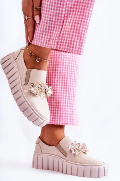 Damskie Skórzane Tenisówki Slip-On Z Ozdobą Beżowe Mirana