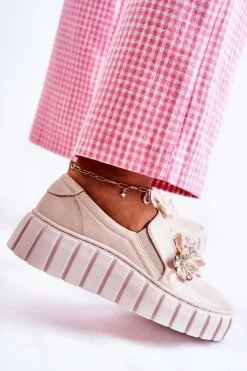 Damskie Skórzane Tenisówki Slip-On Z Ozdobą Beżowe Mirana