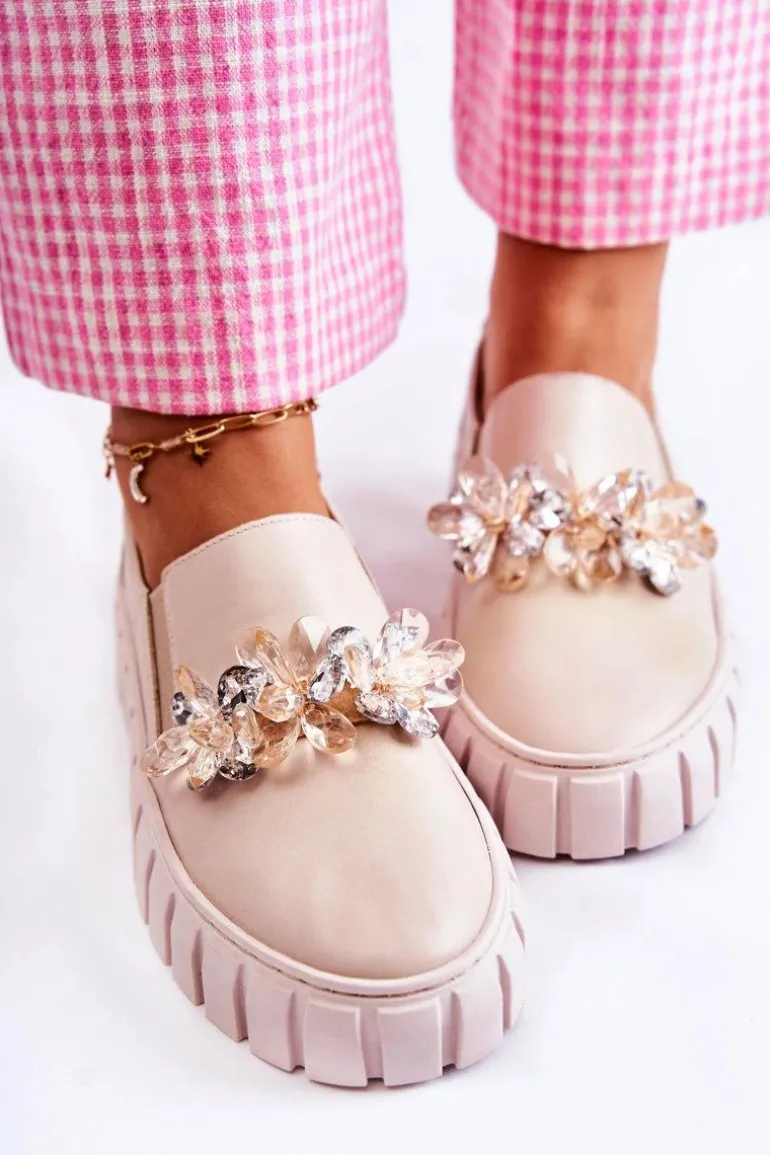 Damskie Skórzane Tenisówki Slip-On Z Ozdobą Beżowe Mirana