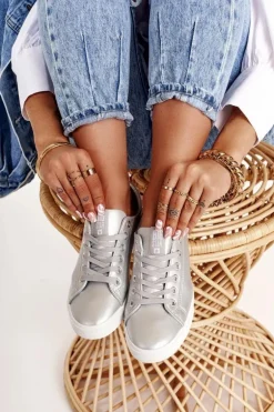 Damskie Skórzane Tenisówki BIG STAR HH274143 Srebrne