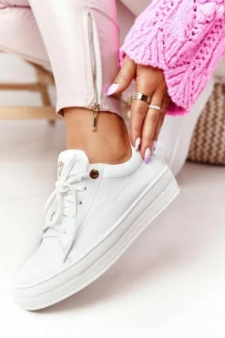 Damskie Skórzane Tenisówki Na Platformie Białe Nicole 2645