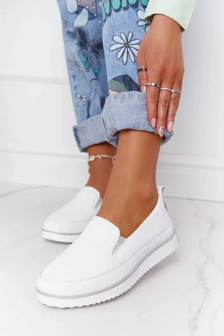 Damskie Skórzane Tenisówki Slip-On S.Barski Białe