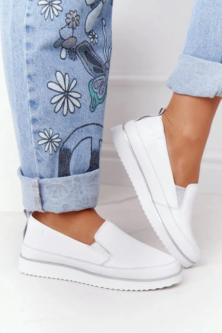 Damskie Skórzane Tenisówki Slip-On S.Barski Białe