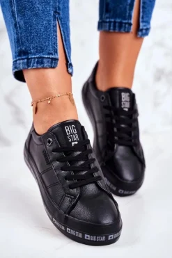 Damskie Skórzane Tenisówki Logowana Podeszwa Big Star GG274193 Czarne