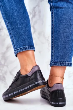 Damskie Skórzane Tenisówki Logowana Podeszwa Big Star GG274193 Czarne