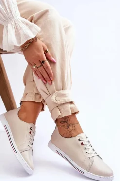 Damskie Skórzane Trampki Beżowe S.Barski LR268R