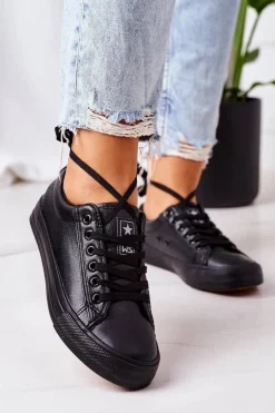 Damskie Skórzane Trampki Czarne Mega