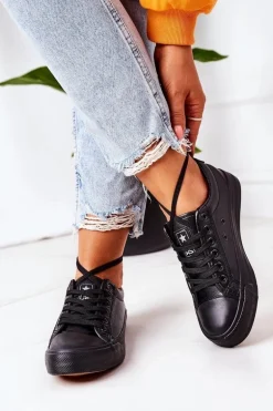 Damskie Skórzane Trampki Czarne Mega