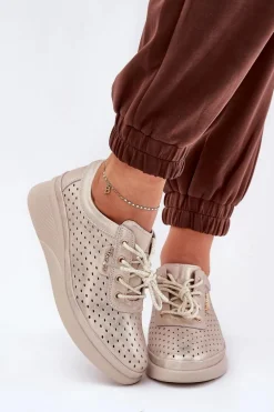 Damskie Skórzane Trampki Sportowe Buty Złote Brumia
