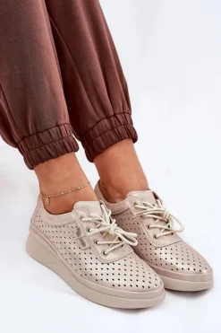 Damskie Skórzane Trampki Sportowe Buty Złote Brumia