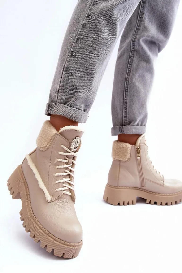 Damskie Skórzane Trapery Botki Beżowe Lemar Vergo