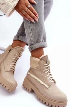 Damskie Skórzane Trapery Botki Beżowe Lemar Vergo