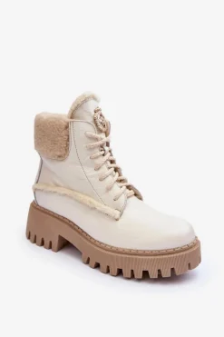 Damskie Skórzane Trapery Botki Kremowe Lemar Vergo