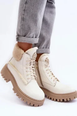 Damskie Skórzane Trapery Botki Kremowe Lemar Vergo