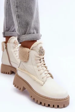 Damskie Skórzane Trapery Botki Kremowe Lemar Vergo