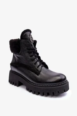 Damskie Skórzane Trapery Botki Czarne Lemar Vergo - Wzór 2