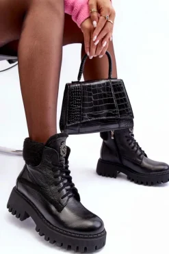 Damskie Skórzane Trapery Botki Czarne Lemar Vergo - Wzór 2