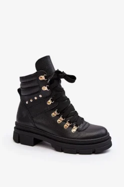 Damskie Skórzane Trapery Botki Sznurowane Zazoo K01 Czarne