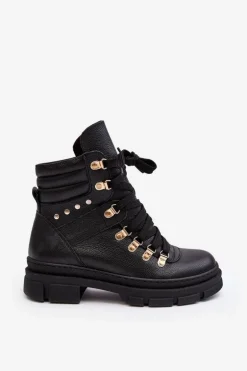 Damskie Skórzane Trapery Botki Sznurowane Zazoo K01 Czarne