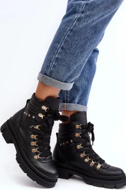 Damskie Skórzane Trapery Botki Sznurowane Zazoo K01 Czarne