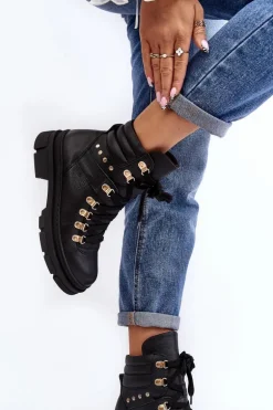 Damskie Skórzane Trapery Botki Sznurowane Zazoo K01 Czarne