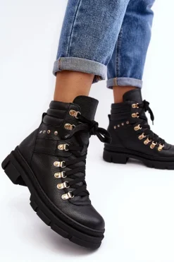 Damskie Skórzane Trapery Botki Sznurowane Zazoo K01 Czarne