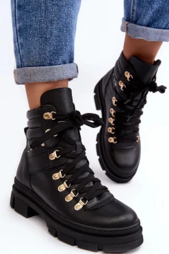 Damskie Skórzane Trapery Botki Sznurowane Zazoo K01 Czarne