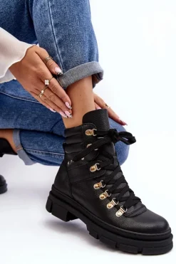 Damskie Skórzane Trapery Botki Sznurowane Zazoo K01 Czarne