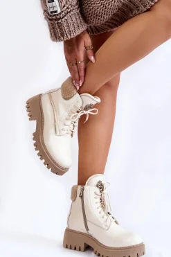 Damskie Skórzane Trapery Botki Jasnobeżowe Lemar Vergo