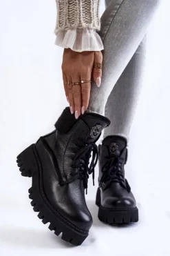 Damskie Skórzane Trapery Botki Czarne Lemar Vergo