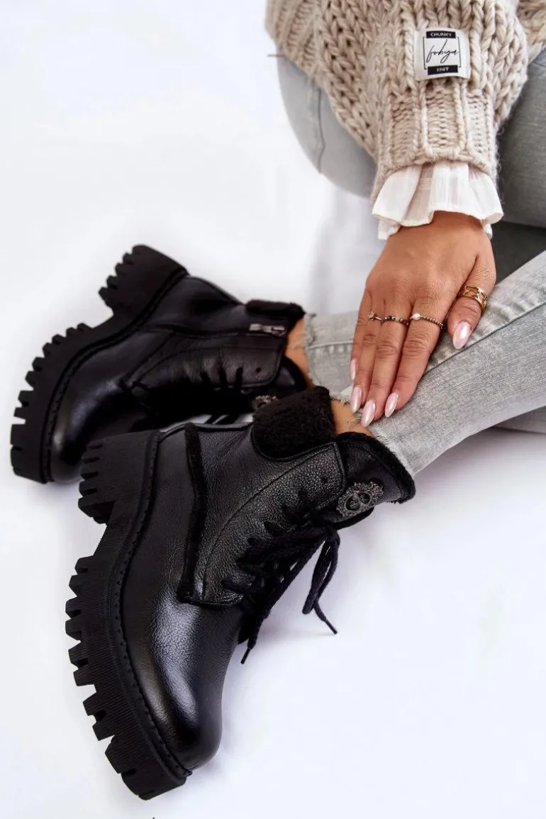 Damskie Skórzane Trapery Botki Czarne Lemar Vergo