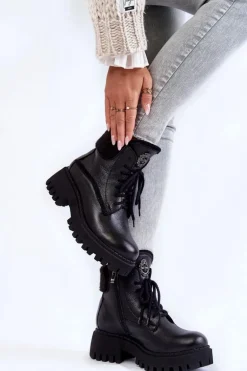 Damskie Skórzane Trapery Botki Czarne Lemar Vergo