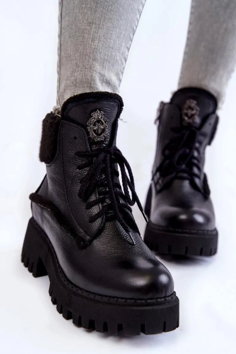 Damskie Skórzane Trapery Botki Czarne Lemar Vergo