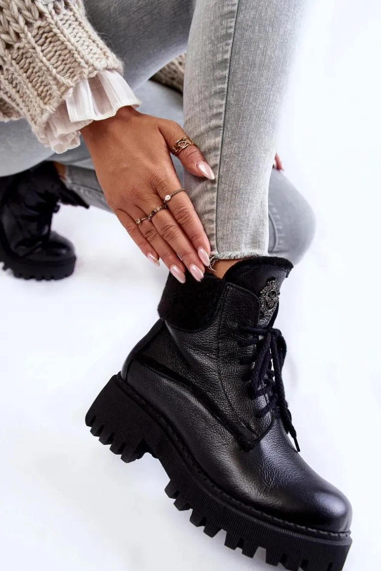 Damskie Skórzane Trapery Botki Czarne Lemar Vergo