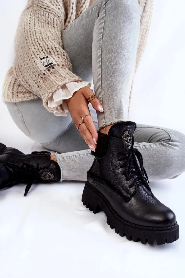 Damskie Skórzane Trapery Botki Czarne Lemar Vergo