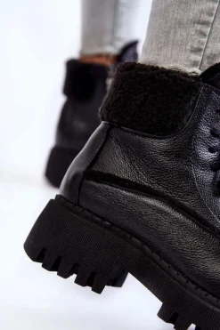 Damskie Skórzane Trapery Botki Czarne Lemar Vergo