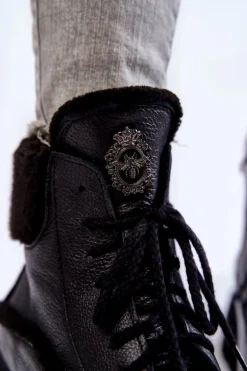 Damskie Skórzane Trapery Botki Czarne Lemar Vergo