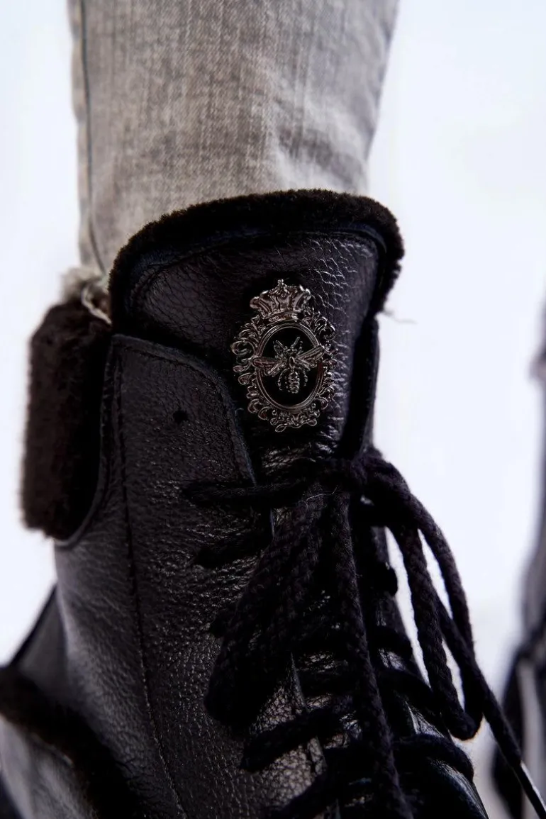 Damskie Skórzane Trapery Botki Czarne Lemar Vergo