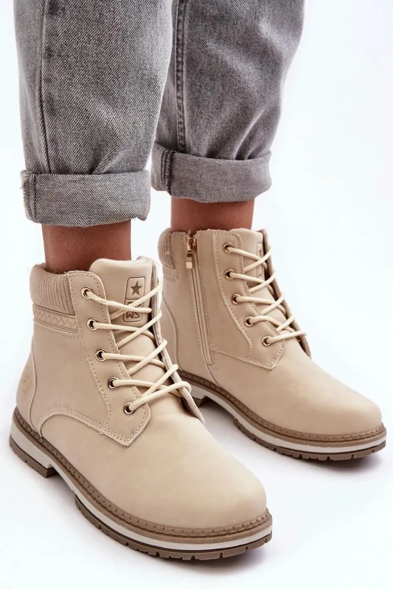 Damskie Skórzane Trapery Ocieplane Beżowe Bimena