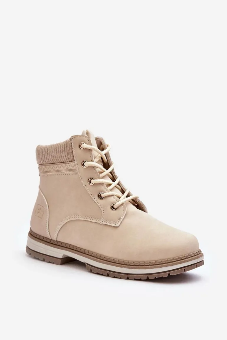 Damskie Skórzane Trapery Ocieplane Beżowe Bimena