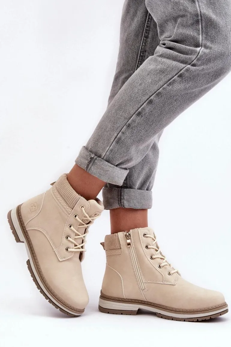 Damskie Skórzane Trapery Ocieplane Beżowe Bimena