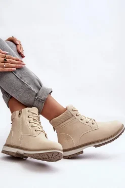 Damskie Skórzane Trapery Ocieplane Beżowe Bimena