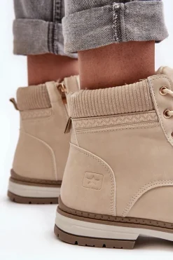 Damskie Skórzane Trapery Ocieplane Beżowe Bimena