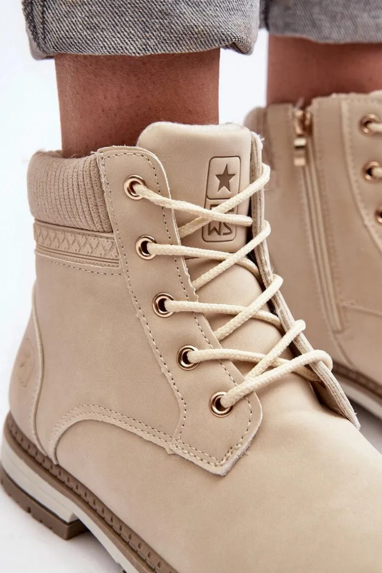 Damskie Skórzane Trapery Ocieplane Beżowe Bimena