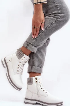 Damskie Skórzane Trapery Ocieplane Białe Katalis