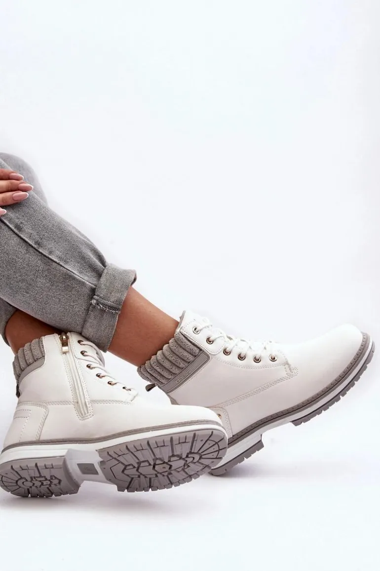 Damskie Skórzane Trapery Ocieplane Białe Katalis