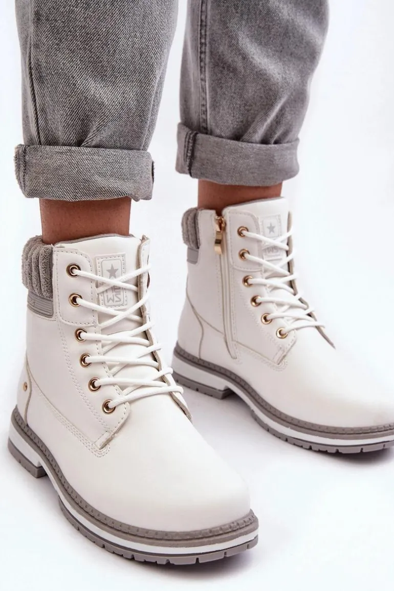 Damskie Skórzane Trapery Ocieplane Białe Katalis