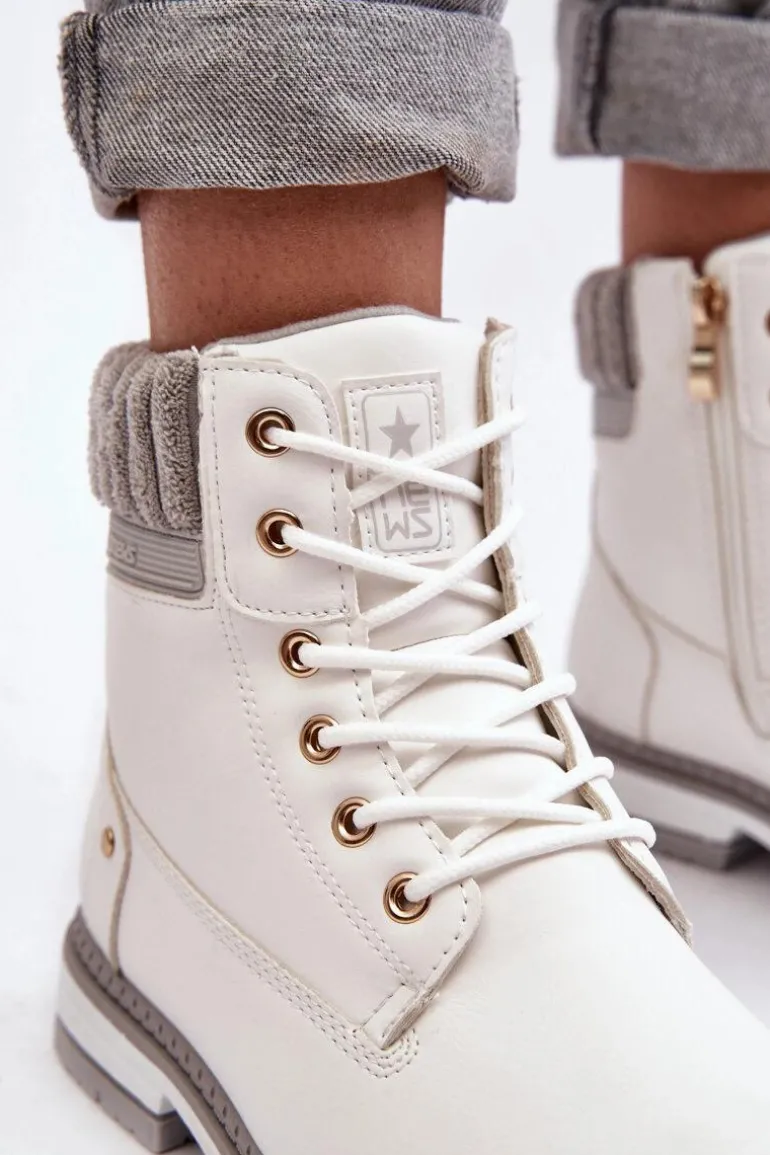 Damskie Skórzane Trapery Ocieplane Białe Katalis