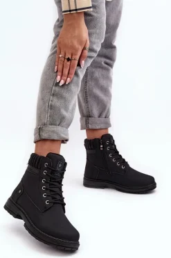 Damskie Skórzane Trapery Ocieplane Czarne Katalis