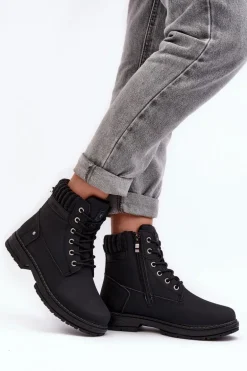 Damskie Skórzane Trapery Ocieplane Czarne Katalis